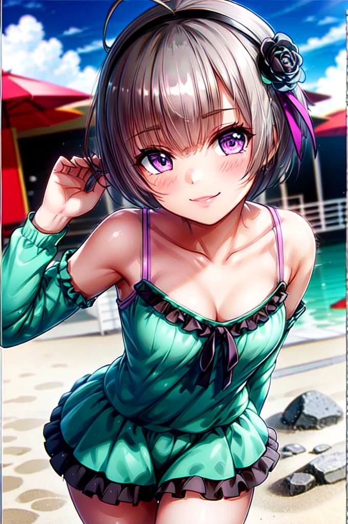 very cute and beautiful girl,(Very exquisite beautiful face and eyes),short hair、Purple Eyes、Ahoge、hair ornaments、Gray Hair、(((Pink camisole))),(((Cute frilled petticoat))),
(smile:1.2),Happy,View your viewers,Cowboy Shot,Detailed legs,Beach,Tropical Resort,
(Highest quality,masterpiece),Absurd,High resolution,Super detailed,Very detailed,32k,8K resolution,
Intricate details,Movie Scenes,Detailed Background,alone,Dynamic Angle,
Natural light,Hair blowing in the wind,Beautifully detailed skies,