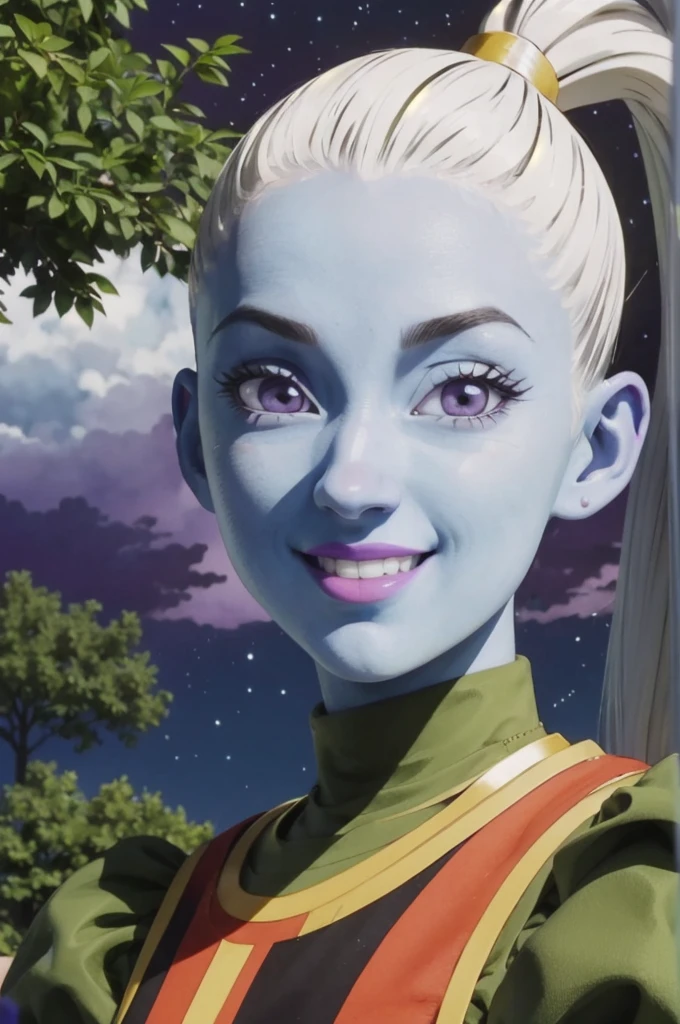 Vados (dragon ball), colored skin, blue skin, long white hair, ponytail, puffy sleeves, dress, looking at viewer, smiling, close up portrait, , outside, purple sky, trees, high quality, masterpiece 