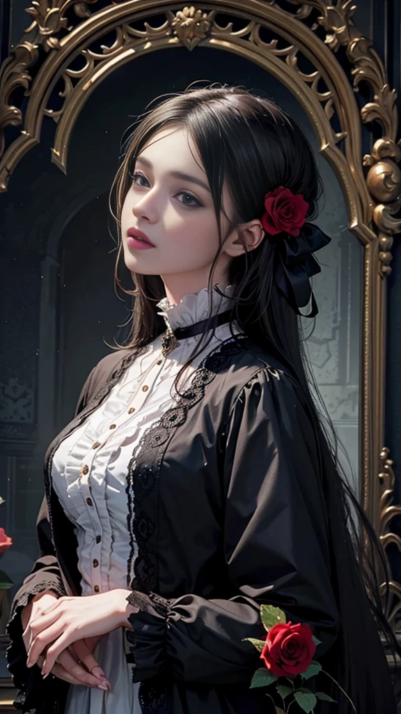 official art, unity 8k wallpaper, Super detailed, beautiful, beautiful, masterpiece, highest quality,
darkness, atmosphere, mystery, romanticism, Spooky, literature, art, fashion, Victorian, decoration, complexity, ironwork, race, contemplation, depth of emotion, Supernatural,
1 girl, alone, head, bust configuration,Requiem of the Rose,Girl with red rose,Looking down and holding a rose