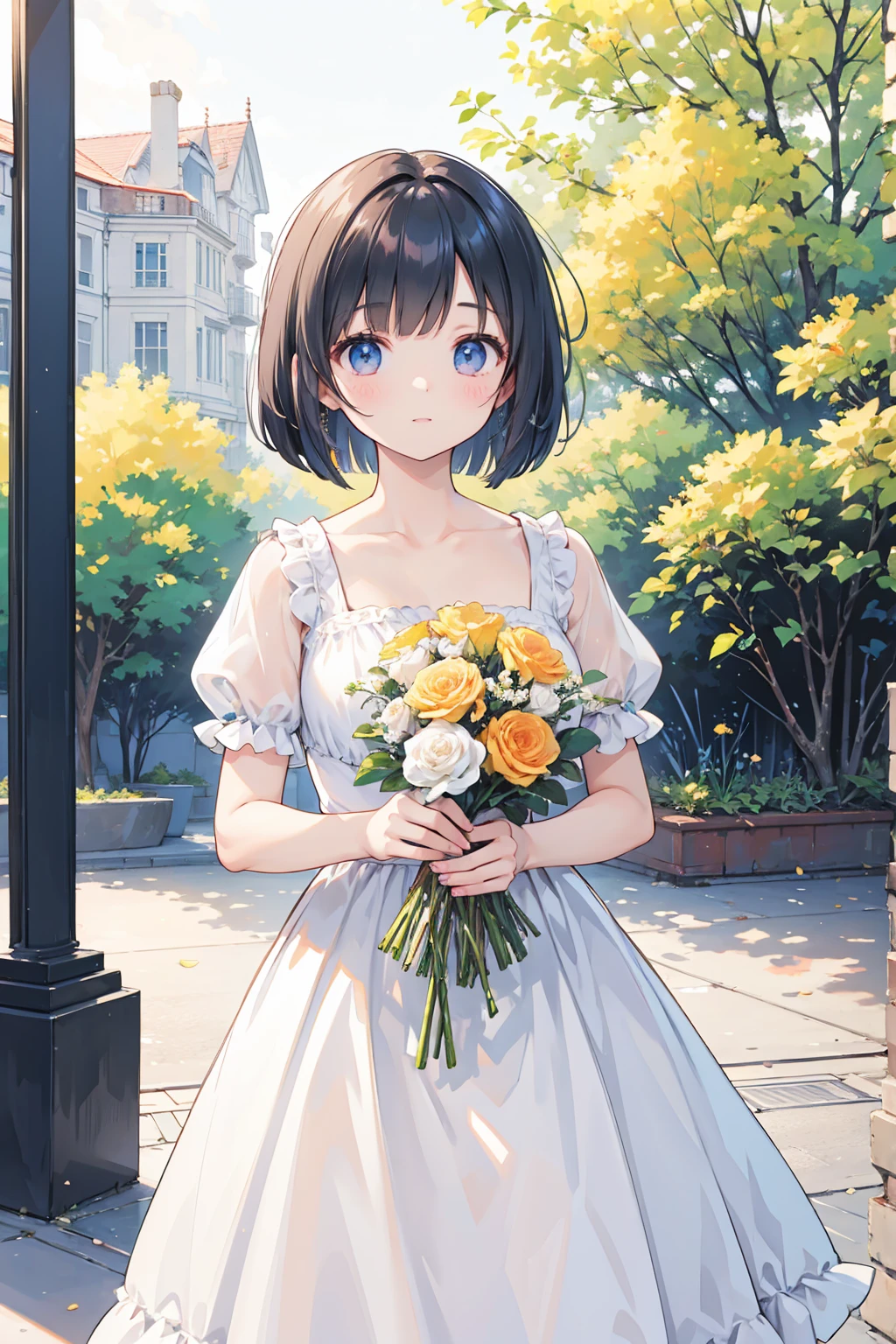 Photorealistic、Highest quality、Highest Resolution、Highest quality、8K、A beautiful woman holding a bouquet of flowers、Bob Cut Hair、