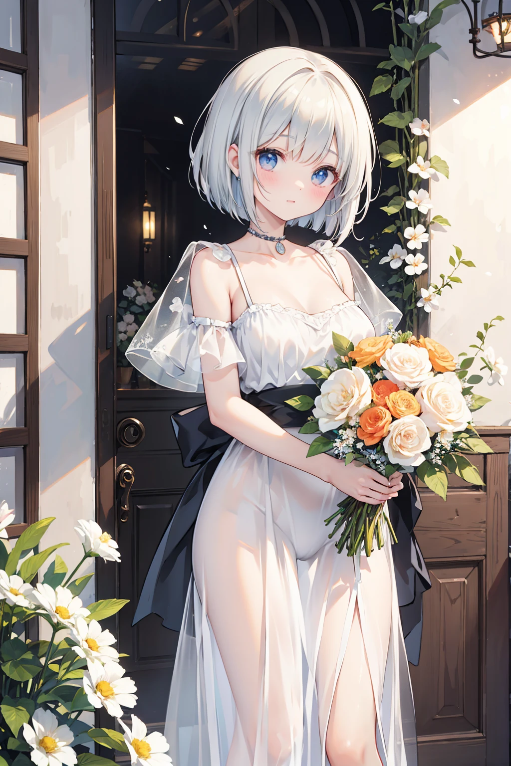 Photorealistic、Highest quality、Highest Resolution、Highest quality、8K、A beautiful woman holding a bouquet of flowers、Bob Cut Hair、