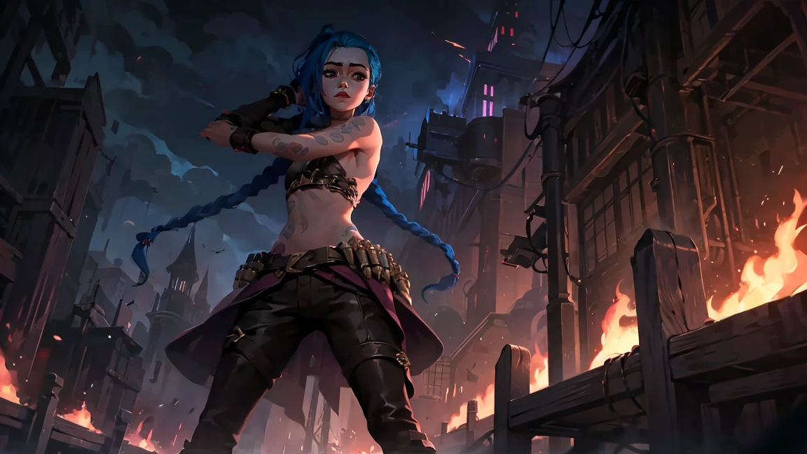 (masterpiece, Best quality), 1 girl, portrait, very sexy, crazy look, smile, crying, pink tears, tears on the cheeks, tears from eyes, full length (full body 1.1.), очень feminine, fighting stance, battle, fire, explosions, burning city, Beautiful waist, gloomy composition, flame, fire, Flash, very beautiful, feminine, long hair, hair braided in long braids, very sexy, tight leather pants, emphasis on the eyes, emphasis on the face, Beautiful face, Hands, Hair, Haired ponytail, red purple eyes, Джинкс crying, Blue cloud tattoo, (masterpiece, Best quality), Side lighting, beautiful detailed eyes, crazy face), (Best quality), (masterpiece), magic photography, Spectacular lighting, Photorealism, ultra detailed, интимная portraitная композиция, 1. 4,8 k UHD, aesthetic, Cd., A high resolution, 8 k, better lighting, Best shade, Ultra-HD, A high resolution, sharp focus, Complex background, Cinematic lighting, ((Landscape view)), 4K block, (better lighting),