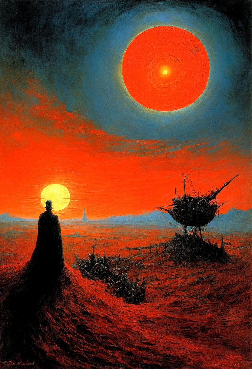 Mythical creatures, author：Zdzislaw Beksiński and Vincent van Gogh, Red moon and big eyeucha