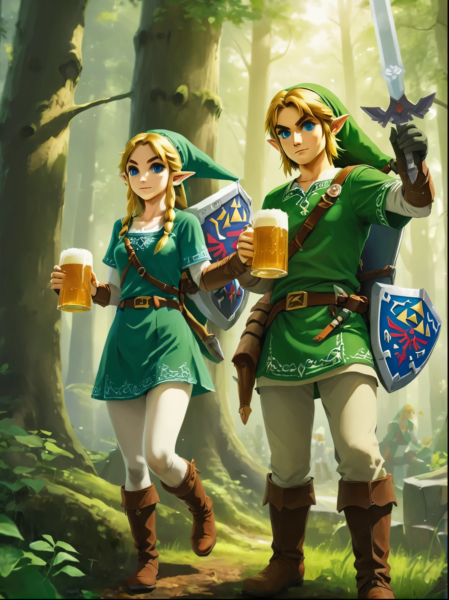 Still image in realistic art style，(link:1.5)，The Legend of Zelda Characters, (Male and female)Wearing various The Legend of Zelda game culture costumes，They hold beer mugs，Gathering in an ancient forest，There is food and drinks，Celebrate St. Patrick&#39;s Day，Shamrock，Perfect hands，Shooting from above，at night，Shallow depth of field，Vignette，Highly detailed，High Budget，Bokeh，Widescreen，Moody，epic，gorgeous，Film Grain，Graininess