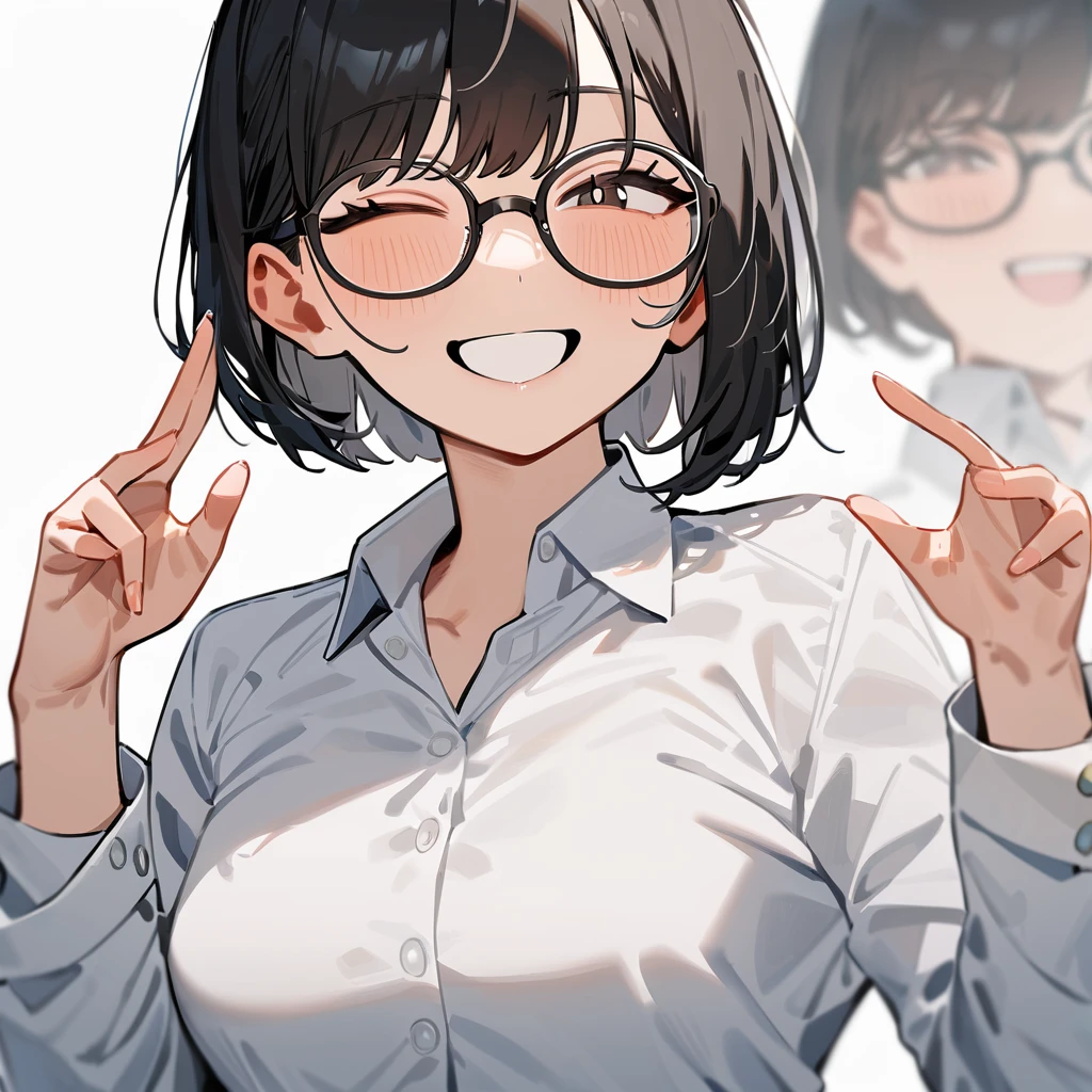 masterpiece, Highest quality, so beautiful, Absurd,
One girl, alone, Black Hair, Bobcut,
Thermont 16A, Glasses, 
Collared shirt, Happy, smile, View your viewers, Glassesの調整, White Background, Simple Background,
 