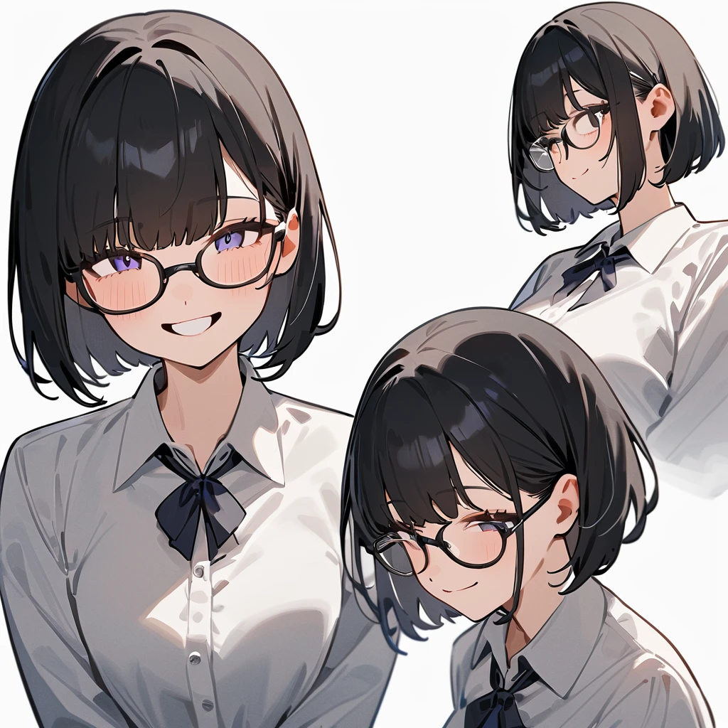 masterpiece, Highest quality, so beautiful, Absurd,
One girl, alone, Black Hair, Bobcut,
Thermont 16A, Glasses, 
Collared shirt, Happy, smile, View your viewers, Glassesの調整, White Background, Simple Background,
 