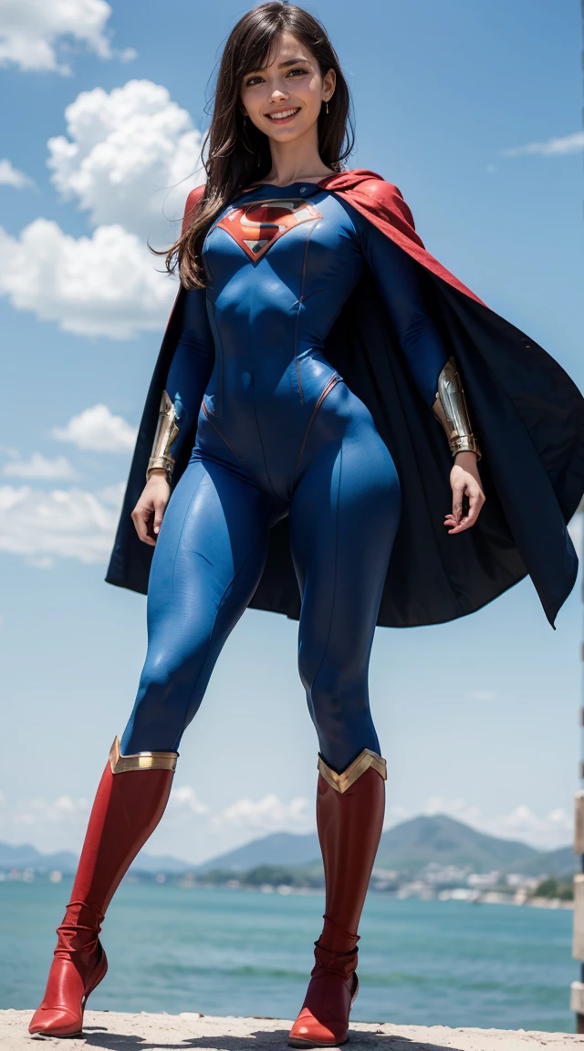 (Muscular:1.9), (thick thighs:1.9),
blonde female, (supergirl), (big smile:1.5), blunt bangs, (ponytail:0.7),
earrings, lipstick, eyeshadow,
hard nipples, large breasts,
(full body suit, blue bodysuit:1.6), (small cape:1.3),
looking at viewer, three quarter view, (upper body view:2),
(floating, in midair, sky and clouds background:1.3), rim lighting, two tone lighting, dim lighting, bokeh, detailed skin, detailed eyes