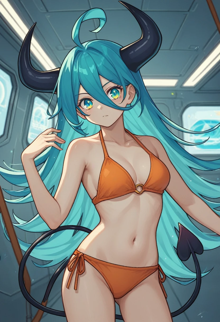 score_9, score_8_up, score_7_up,1 daemon woman, black horns, black demon tail, (aquamarine hair),aquamarine green color hair,ahoge, long hair, (long hair),bangs, light orange bikini, bikini is orange, bikini orange, orange bikini!, (aquamarine eyes), background is spaceship, aquamarine eyes, 1woman ,facing viewer, daemon girl, close up,Well-endowed, alone, Spacecraft interior, sexy pose