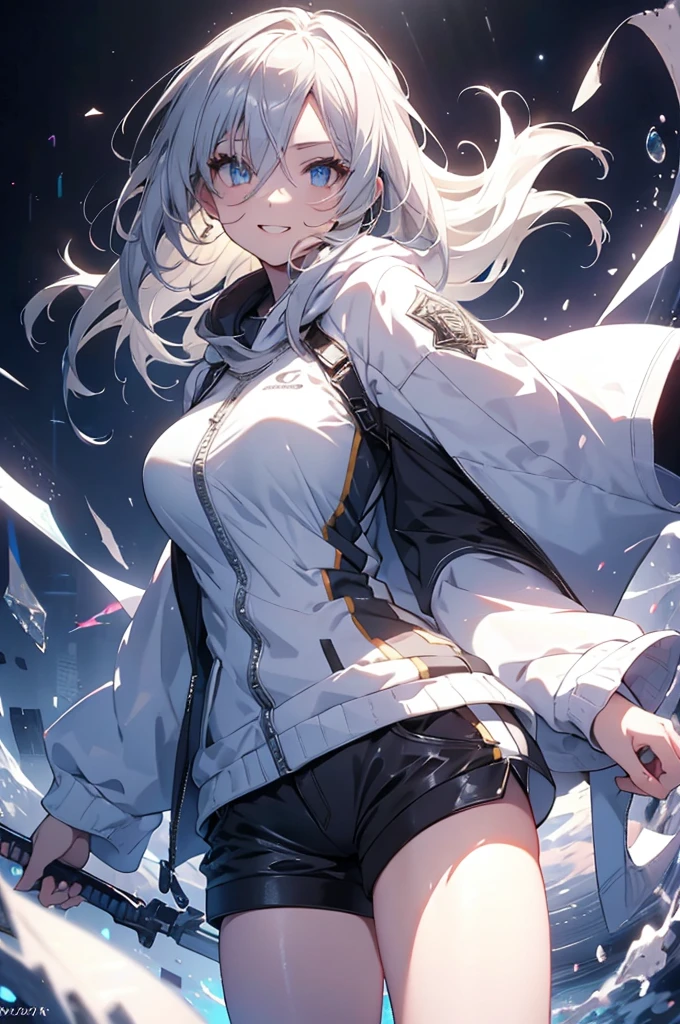 Concept Art, white Background, simple Background, White hair, Silver gradient hair , Composite cloth, Virtual YouTuber, best quality, masterpiece, Dynamic Angle, , cowboy_shooting, Watching_Back, grab, girl,Miss,woman, young,20 years old, , Hair Flip, Silver Hair, Flowing hair, Ahog, giggle, Beautiful and delicate golden eyes, teeth, Large Breasts, Blonde eyes, White skin, hoodie, Black_shorts, Gray clothes, transparent_Background, Backlighting, absurd, high resolution, Extremely detailed,sweater,Smile