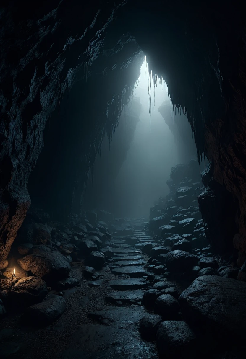 dark, horror, cave system, fog, 8k