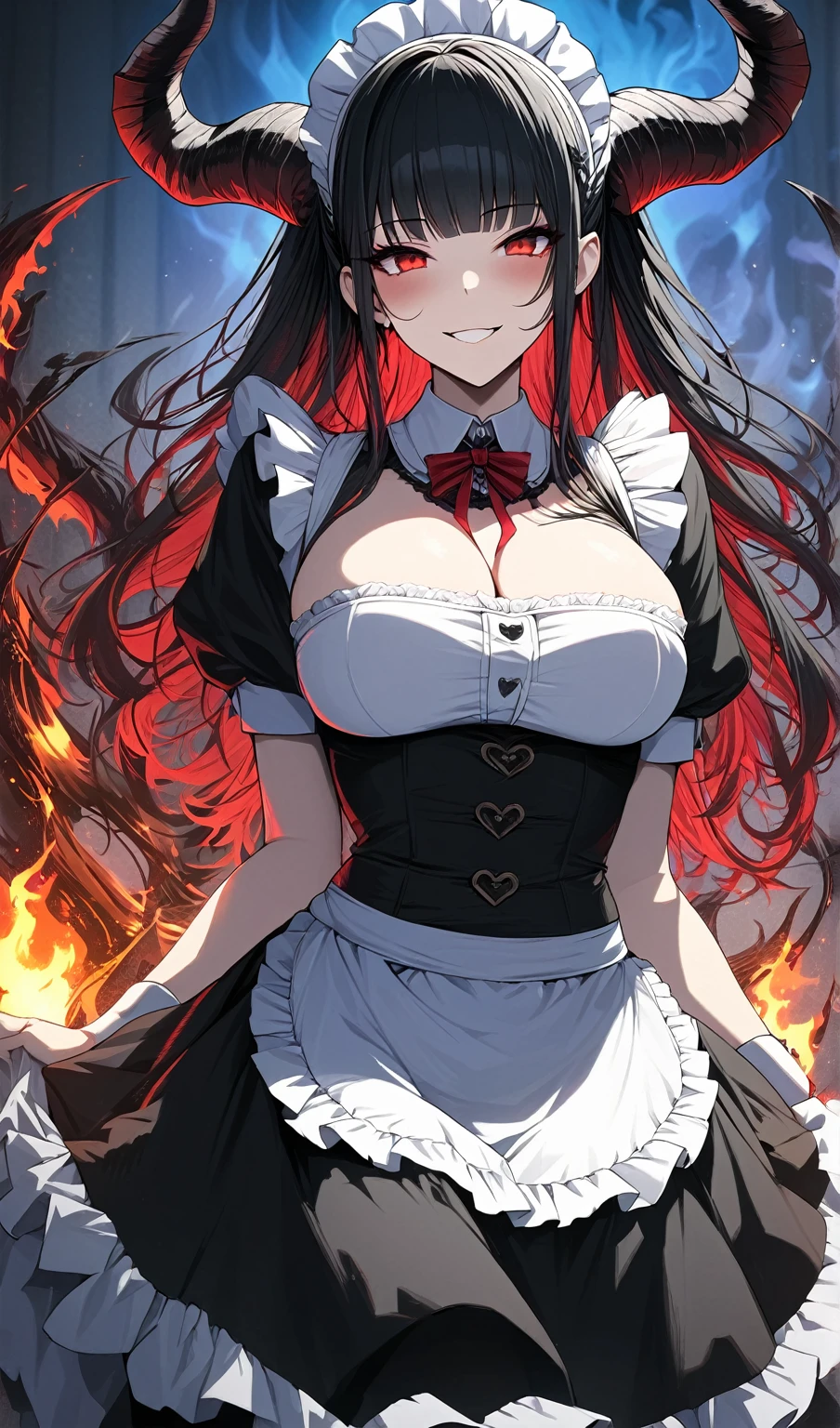 Masterpiece, very detailed, ultra detailed, one, (1 female maid), she's in a maid costume, long black hair and bangs, black demonic horns, beautiful, charming, bright red eyes, elegant, big breasts, bold smile, cold face, charming, against the background of black fire and black flame around her.