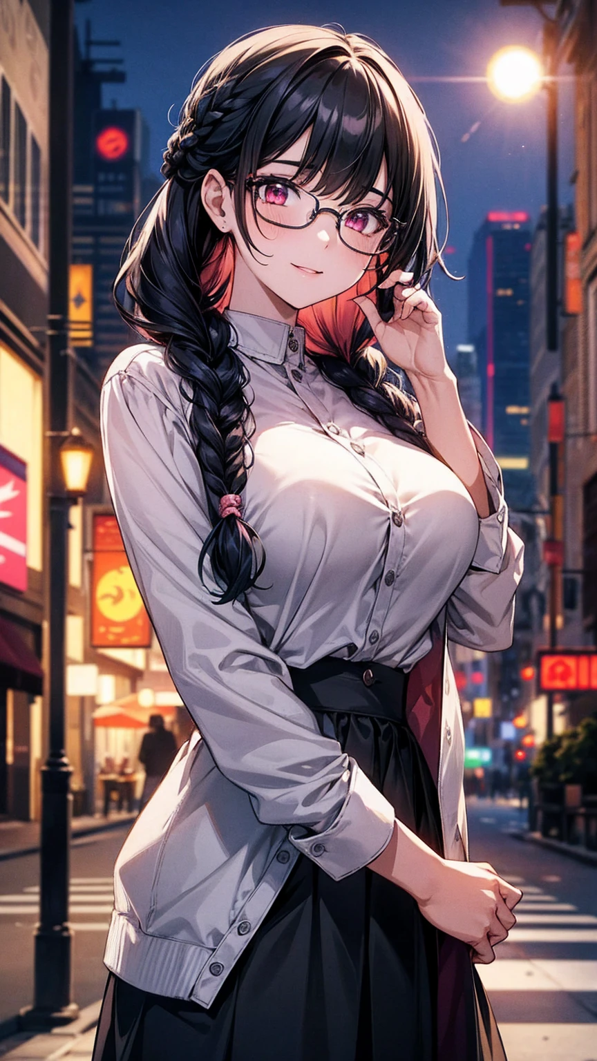 (best quality, Masterpiece), 1 girl, The sun shines, In the building, black hair, Beautiful long hair, braid, pink eyes, glasses, very cute, Bright face, Good mood, big breasts, Casual clothing, shy, 1 woman, young girl, (Goosebumps:0.7), Beautiful face, (shyไลเนอร์, lipstick:0.9), nighttime, street lights, fall, 4K, 8K, UHD, HDR, detailed background, background