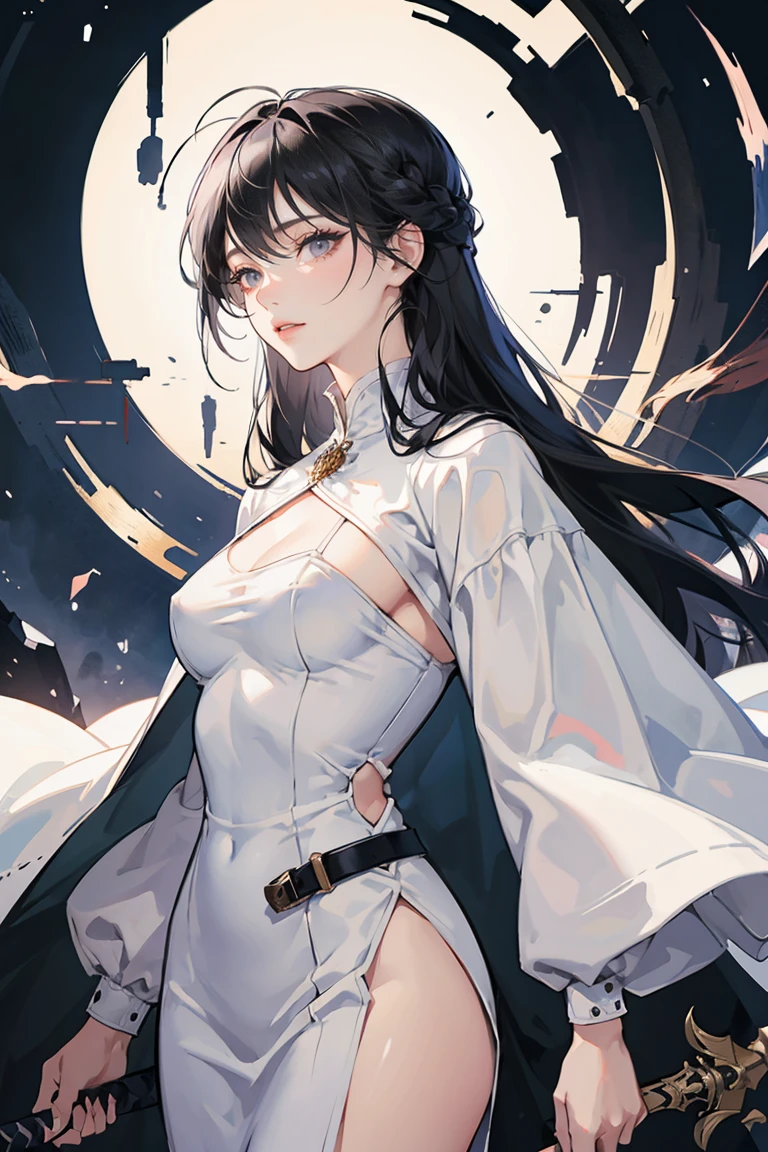 (masterpiece), best quality, seductive eyes, mature woman, black eyes, small eyes, long black hair, long eyelashes, white suit, sword attached on hip, big breast, anime cover, 1girl, tall,
