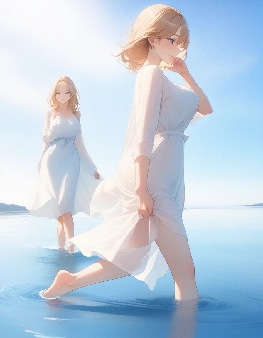 ((Highest quality、、masterpiece:1.3)), Upper Body、Long legs、Sharp focus:1.2, Beautiful woman with perfect figure:1.4、Big Breasts, (Smiling:1.2), double eyelid、30-year-old female、Sexy pose、((((walking on the water,bare foot,Close your mouth、One Woman、dress:1.5))))、Blue Eyes,Fantasy