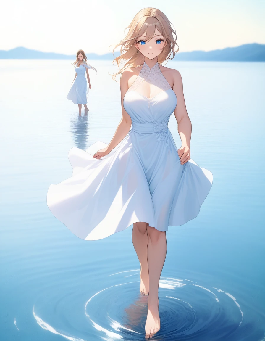 ((Highest quality、、masterpiece:1.3)), Upper Body、Long legs、Sharp focus:1.2, Beautiful woman with perfect figure:1.4、Big Breasts, (Smiling:1.2), double eyelid、30-year-old female、Sexy pose、((((walking on the water,bare foot,Close your mouth、One Woman、dress:1.5))))、Blue Eyes,Fantasy