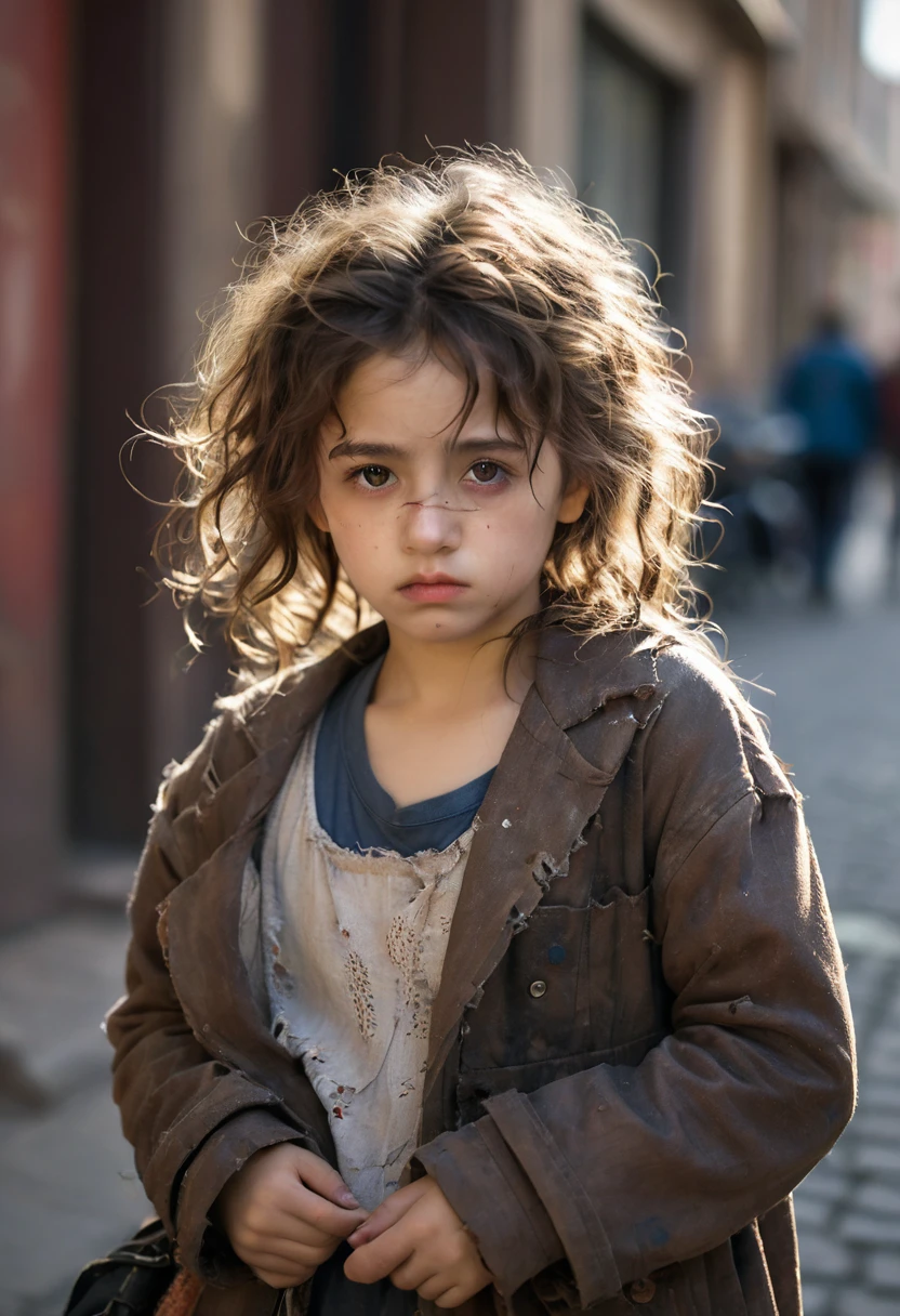 (Model shooting style), A sad homeless  girl ((dressing a old torn clothes)), (Shy), 1 Girl, Solitary, brown、curly、Messy hair, Very detailed face, beautiful eyes, [Chubby], Lovely, Ruddy cheeks，Bright, Sad eyes, Stunning beauty, (Rembrandt Lighting), Zeiss lenses, Surreal, (High Detail Skin:1.2), 8K Ultra HD, Digital SLR Camera, Dramatic rim light, high quality, Fuji XT3,