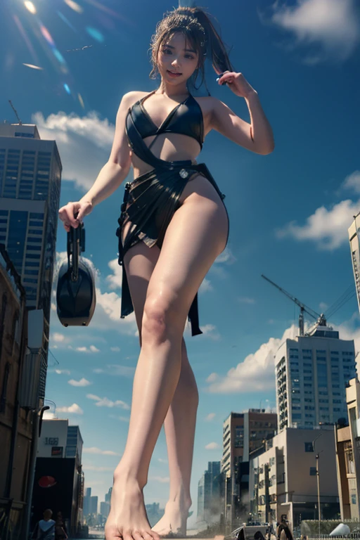 Ground View，tiny city,mega giant girl 500 feet high，skyscrapers,Have a pair of ultra long legs,stepping in the crowd，many people in street,a pair of huge big breasts bikini，Has black short ponytail hair，barefoot，A look of enjoyment，standing on a ruins，Beautiful appearance，Exquisite makeup，quality，8k，高quality，Perfect proportion, Cinema lighting，film grain，Fuji colors，8k，textured skin，Super details，high detail，high quality，high resolution，explode， smile,realistic beautiful attractive face