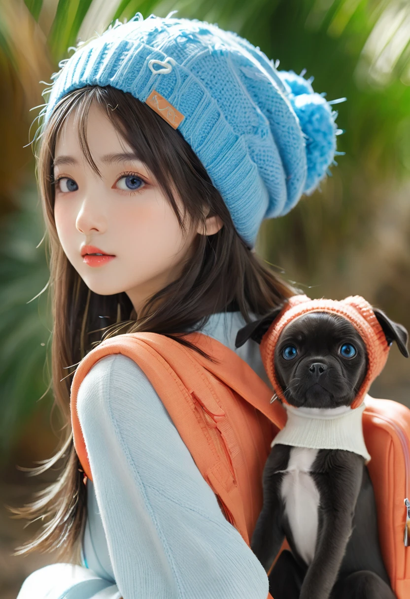 Anime Girl (((Backpack))) and (((Four dogs in the coconut grove))), ((((Blue Eyed Girl)))), (((The girl is wearing a beanie))), Lovely and detailed digital art, Cute numbers, ((((The camera is in front of the character)))), Artwork in the style of Guweiz, Realistic anime 3D style, Anime styled 3d, 渲染一个可爱的 3D Anime Girl, Produced in collaboration with Anime Painter Studio, Anime style. 8K, Children's art on the art station, Cute girl anime visual,