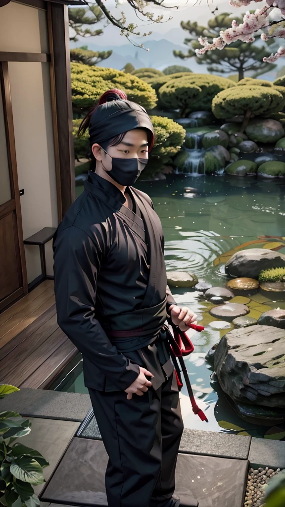"A ninja in traditional black attire, with a hood and mask covering the face, using a modern smartphone. The setting is a serene Japanese garden with a pond and cherry blossoms in the background. The ninja stands near a stone lantern, subtly illuminated by the lantern's light. The smartphone screen is visible, showing a map. This juxtaposition of ancient and modern themes creates a unique, intriguing scene."