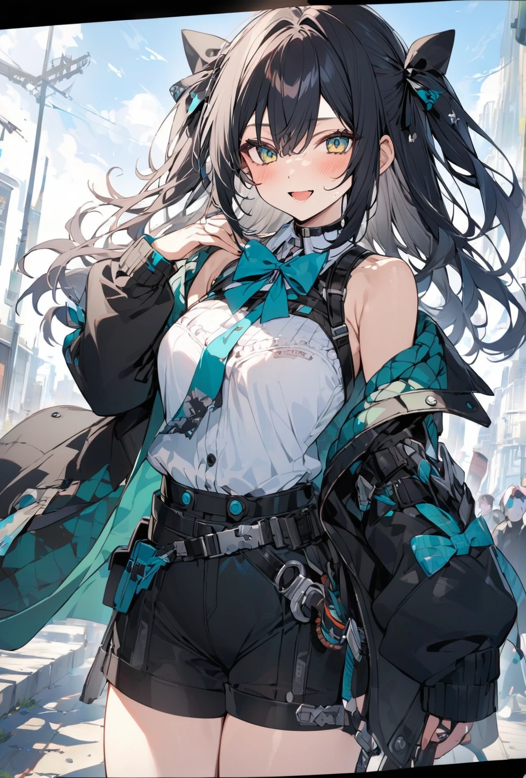 1girl, dusk \(arknights\), arknights,(masterpiece, best quality), newest, dress , original outfit , black hair, horns, agm, dragon tail , orange eyes, desert , happy , open mouth