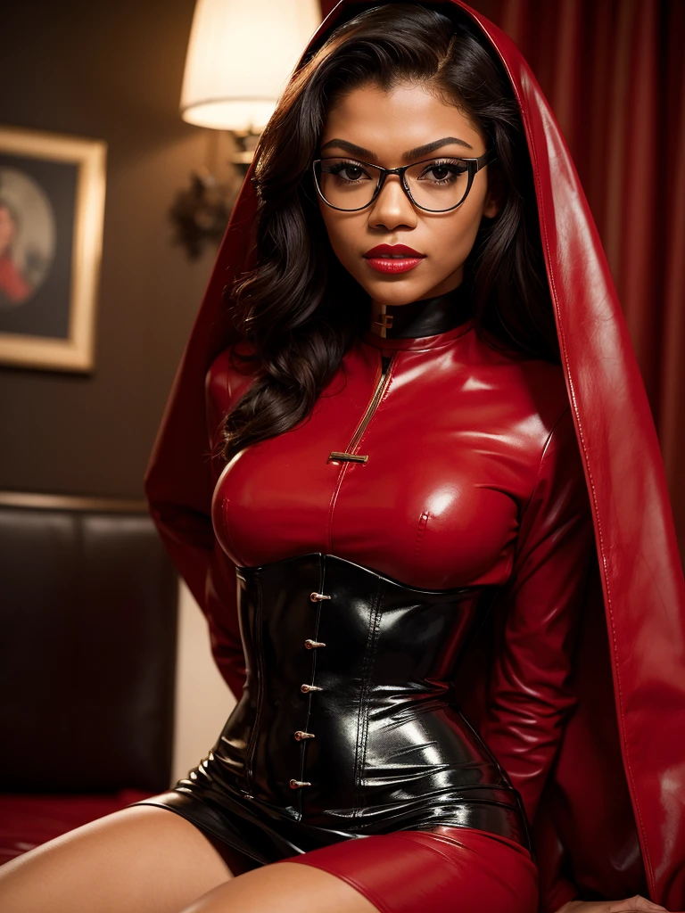 The best picture,The most realistic,4K clarity,zendaya,red lips, glasses, leather nun outfit,bedroom