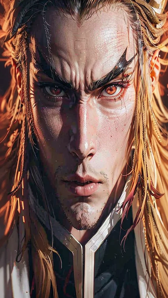 Kioguro rengoku from the anime kimetsu no yaiba how it would look in live action or real life, to show full body, At the bottom I leave you a photograph of his face