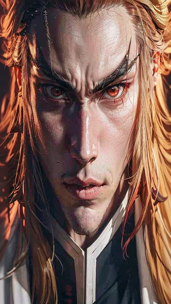 Kioguro rengoku from the anime kimetsu no yaiba how it would look in live action or real life, to show full body, At the bottom I leave you a photograph of his face 