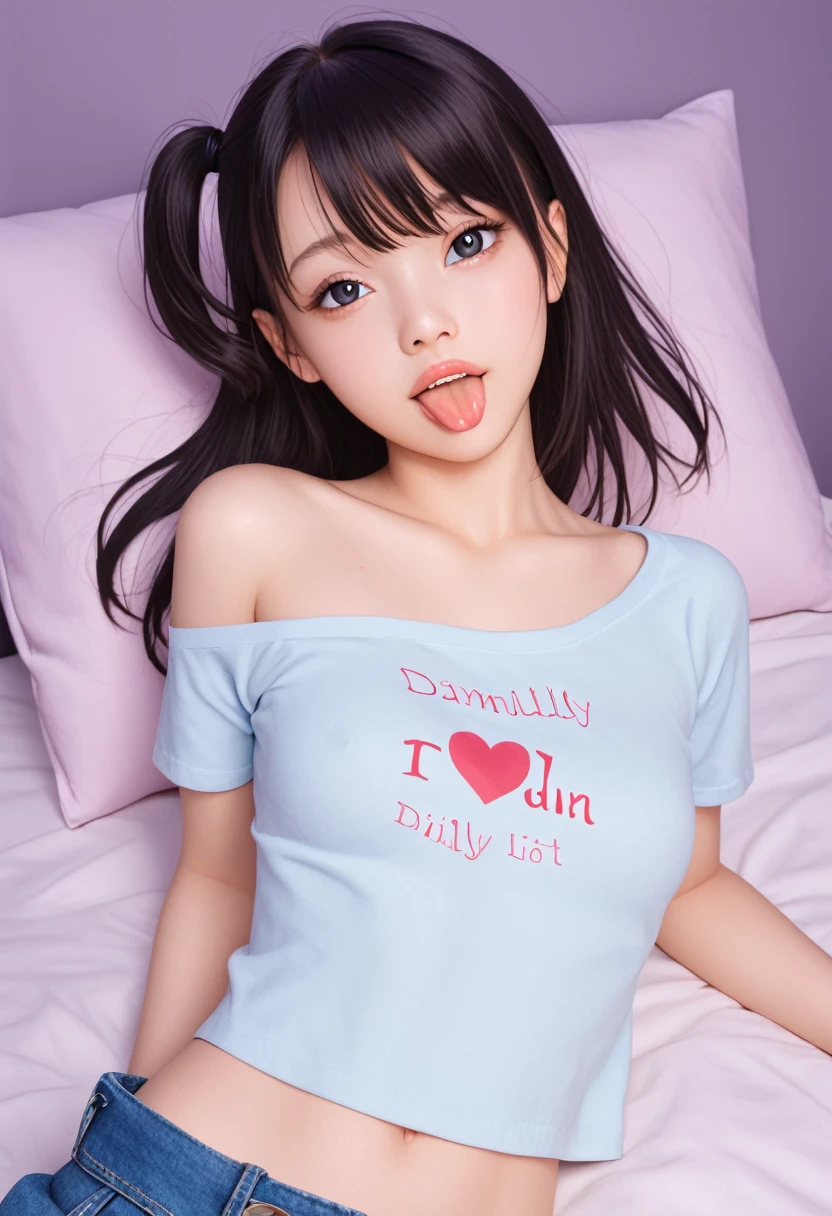 ollarbone,pastel colors t-shirt,off-shoulder look,bare shoulder,midriff peek,Denim mini skirt,open mouth,(tongue out:2),lying,looking ahead,from above,front view,upper body,(1girl,Beautiful 14 year old girl),((Slender,Small breasts,Small face,)),(looking at viewer),Black Hair,bangs,one side up,Beautiful and detailed,(Dimly lit room:1.5),Simple Background,bed,pillow,best quality,Brilliant Quality