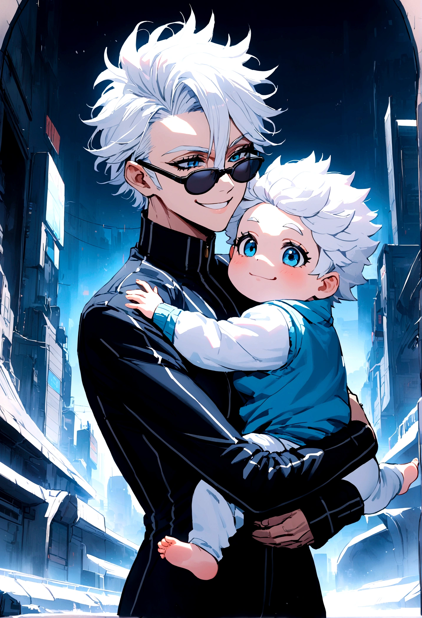 1 chico, Satoru gojo, White hair, long eyelashes, dark glasses, big smile, holding a  in arms