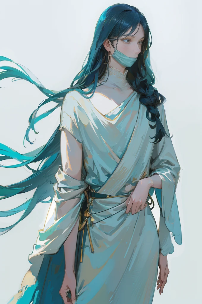 A man with fair skin, nimble body, standing, shot from far away, teal straight hair that reaches the shoulders, light mist, business work attire, respirator mask, white background, neutral colored clothes, complicated details,(best quality,4k,8k,highres,masterpiece:1.2),ultra-detailed,(realistic,photorealistic,photo-realistic:1.37),studio lighting,vivid colors