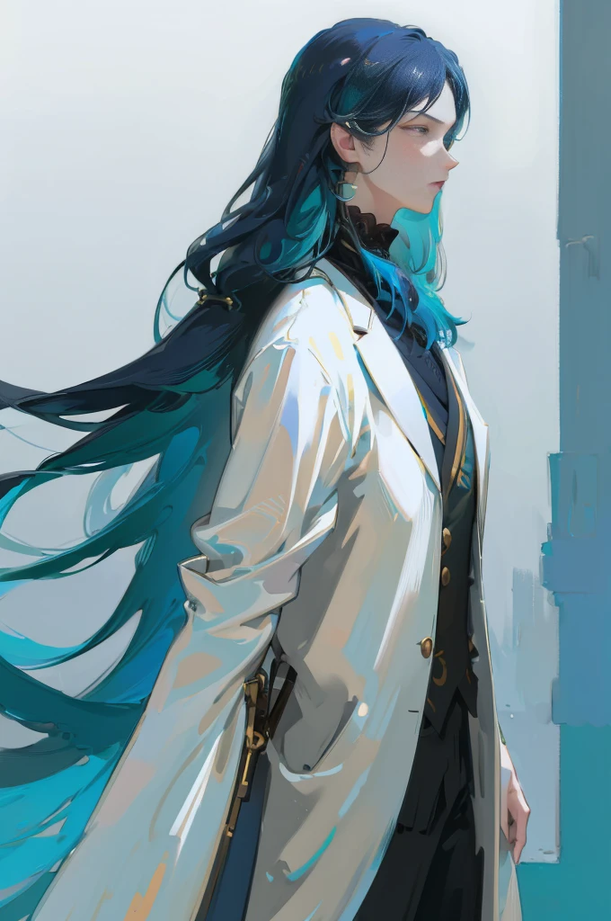 A man with fair skin, nimble body, standing, shot from far away, teal straight hair that reaches the shoulders, light mist, business work attire, respirator mask, white background, neutral colored clothes, complicated details,(best quality,4k,8k,highres,masterpiece:1.2),ultra-detailed,(realistic,photorealistic,photo-realistic:1.37),studio lighting,vivid colors