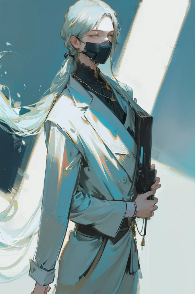 A man with fair skin, nimble body, standing, shot from far away, teal straight hair that reaches the shoulders, light mist, business work attire, respirator mask, white background, neutral colored clothes, complicated details,(best quality,4k,8k,highres,masterpiece:1.2),ultra-detailed,(realistic,photorealistic,photo-realistic:1.37),studio lighting,vivid colors