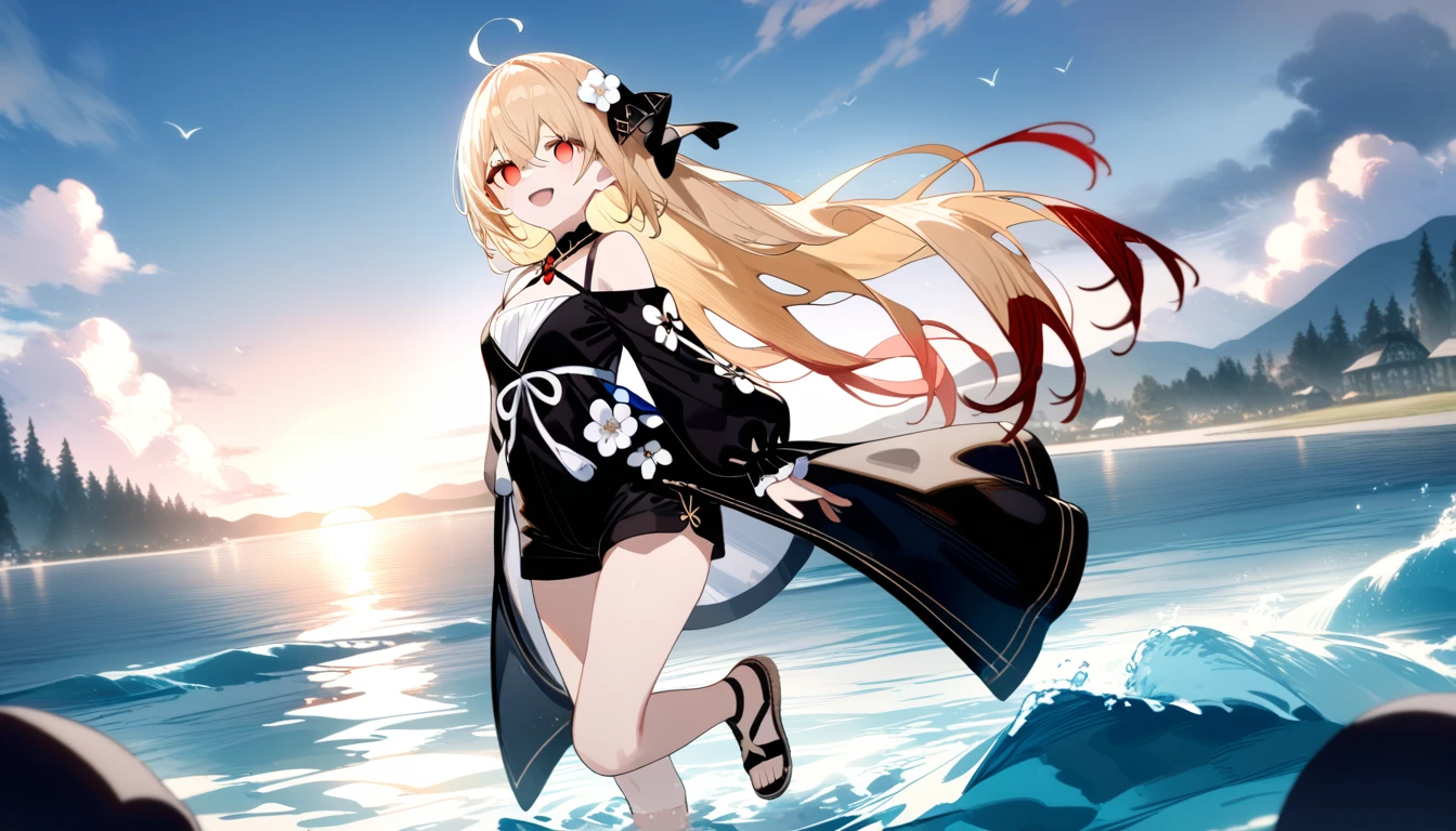 1girl, ciloranko:1.1, noyu \(noyu23386566\), wanke, minato_ojitan, (z282g:1.3), studio anime, anime screencap, official art, absurdres, best quality, perfect anatomy, newest, new, empty eyes, red eyes, solo, outdoors, long hair, shorts, water, ahoge, looking at viewer, long sleeves, sunset, standing, bare shoulders, hair ornament, black shorts, sandals, smile, wading, open mouth, sky, standing on one leg, shirt, flower, sun, hair between eyes, short shorts, blonde hair, very long hair, :d, dress, white flower, outstretched arm, cloud, off shoulder, black footwear, painterly, oil painting style:1.1, muted colours, evening light, dark lighting, oil painting,