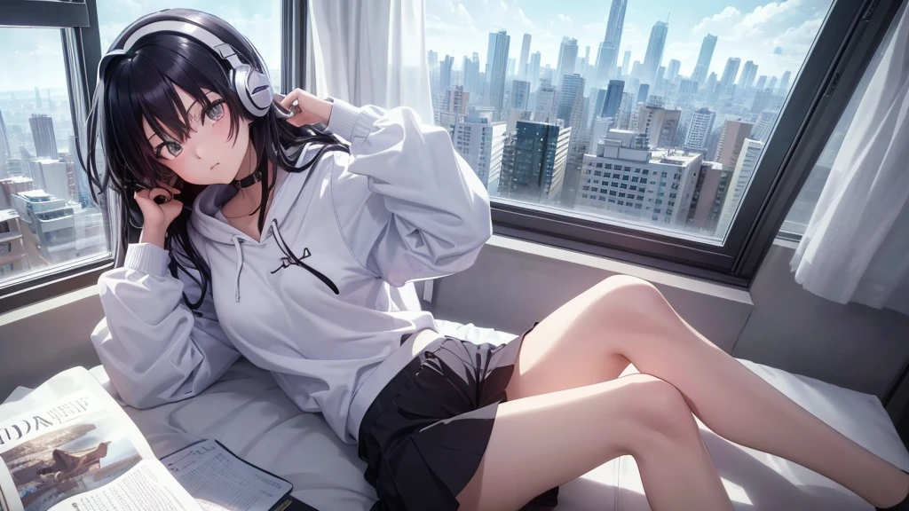 Ultra-high resolution, 8K, (Official Art, beautifully、mysterious:1.2), Anime Art Wallpaper, Works by Makoto Xin Haicheng, Lofi Art Style, Perfect human body composition,  Perfect skeleton, Striking eyes, Oversized hoodie and short skirt, Shiny long black hair, Larger than average bust, Girl listening to music with headphones, Looking out the window, Mug on desk, lo-fi girl, Anime atmosphere, Anime Aesthetics, Lo-fi feel, City Room, Teenage Girl's Room, A room for music lovers, city view from the window, Impressive cityscape, Bright Sky