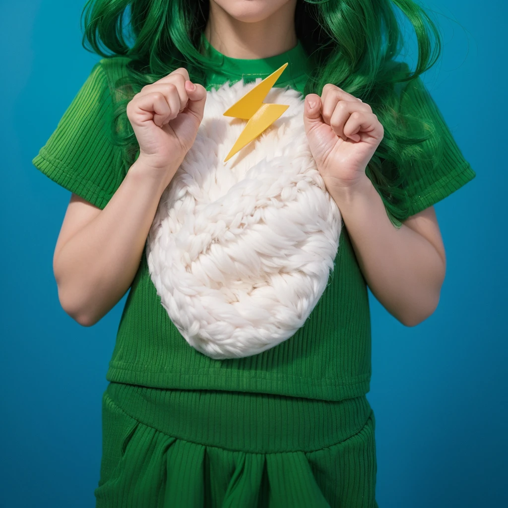 This image features a dressed in a vibrant green outfit, symbolizing energy and youthful vibrancy. The outfit includes a textured white chest piece resembling a fluffy bunny's belly, adding a playful and imaginative touch to the ensemble. The is holding a bright yellow lightning bolt, further emphasizing the dynamic and energetic theme. The green attire is rich in color and matches the child's curly green hair, suggesting a coordinated and thoughtfully designed costume that might be part of a performance or a festive celebration. The solid bright blue background contrasts sharply with the green, making the outfit and the lightning bolt stand out prominently, focusing attention on the child's midsection and the items they are presenting. This setup captures a moment of playful creativity, showcasing a costume that is both f The bright blue background complements her vivid attire and cheerful demeanor, creating a cohesive and eye-catching visual. This portrayal captures the essence of a character full of life, joy, and a touch of whimsy. 3d model, multiple light sources, rim light, sharp post broken glass magic ball of turquoise color with fragments lying nearby frame above from above on a white background effects render, (glossy plastic texture with multiple big light probe refractions), perfect cgi, smooth silhouette, high intensity refraction, (super glossy plastic material), most beautiful vfx, , realistic, 4k, high resolution, rim light, smooth 3d model, multiple light sources, rim light, sharp post effects render,, realistic, 4k, high resolution, rim light detailed digital art, reflective, best quality, 4k, masterpiece:1.2, ultra-detailed, realistic, vivid colors, The image of the highest quality, ensuring every detail showcased perfectly. It in 4k resolution, allowing viewers to immerse themselves in the richness of the colors and intricate details. The realistic rendering. under the spotlight, reflecting, high-resolution image, realistic rendering
