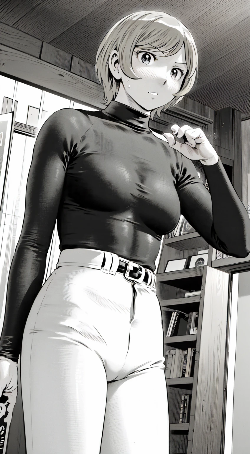 、(masterpiece、Highest quality)、Highest quality, Ultra-high resolution, (((masterpiece))), alone, Sweat、Big eyes,Tight black shirt、Tight white pants、belt、indoor、Composition from the front、(Cut the back hair short、short hair、blonde、woman)、Shortcuts、Embarrassed face、Cut your hair short、可愛いwomanの子、Big Breasts、Inside the room、Full Color、Baseball uniform