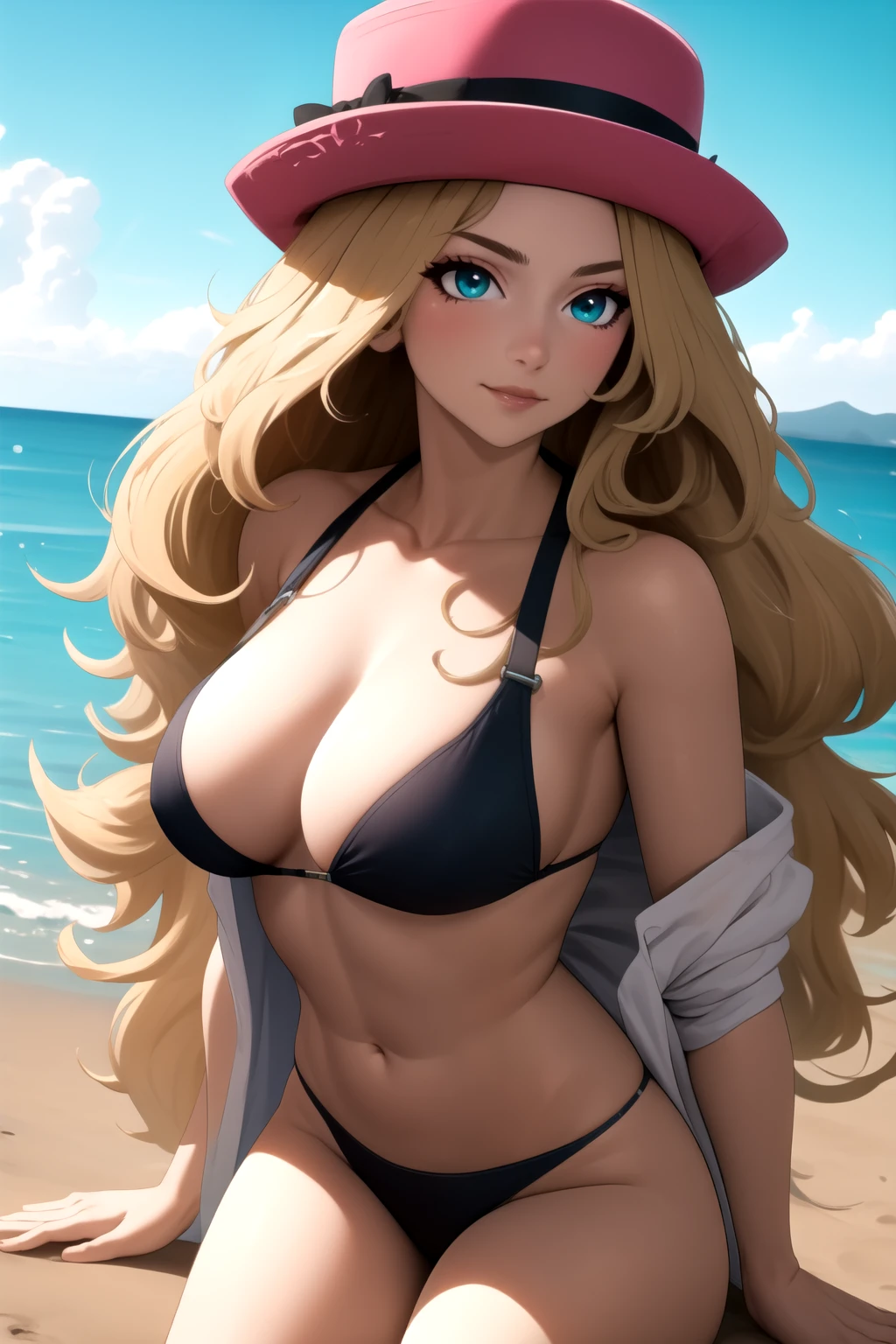 Packing Serena, 1 girl, alone, bright aqua eyes, Blonde, big hair, (very Long Hair:1.2), low-tied Long Hair, have, Pink hat,,
smile,Mouth closed,cowboy Shot, sitting, hair on ground,
Ocean,Outdoor,Beach
(Very detailed, Beautiful and elaborate face, masterpiece, highest quality) Cinema Lighting,、huge Breasts、Black Bikini、Black Thong、skindentation