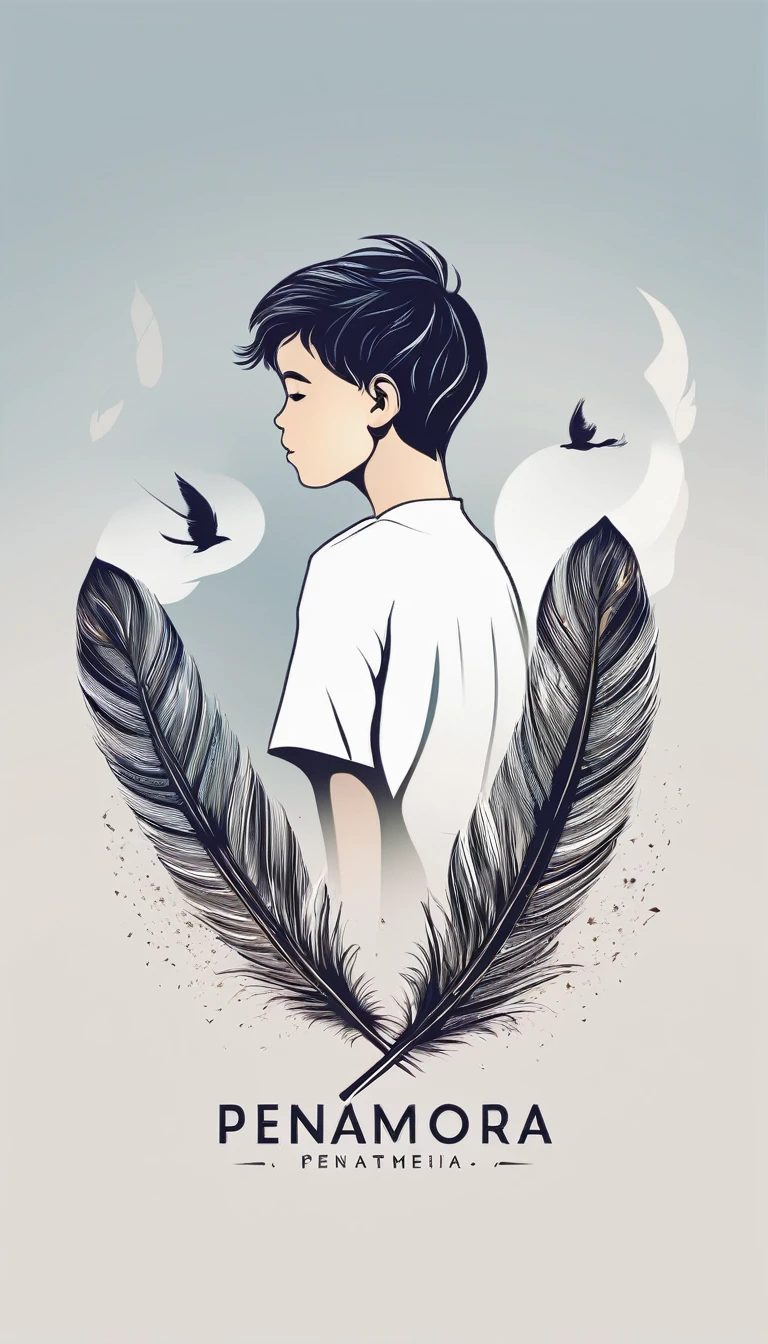 A minimalist, fantastic, poetic, dreamy, captivating, memorable, masterpiece, modern, simple logo design of a boy and a feather for the brand “Penamemoria". The logo must convey a sense of music, stories and dreams. Minimalistic logo design of a boy and a feather.