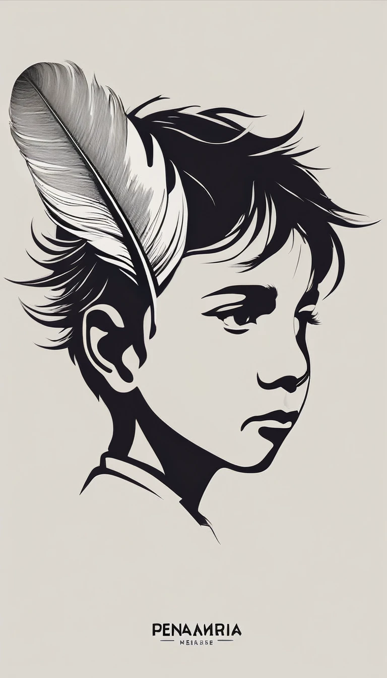 A minimalist, fantastic, poetic, dreamy, captivating, memorable, masterpiece, modern, simple logo design of a boy and a feather for the brand “Penamemoria". The logo must convey a sense of music, stories and dreams. Minimalistic logo design of a boy and a feather.
