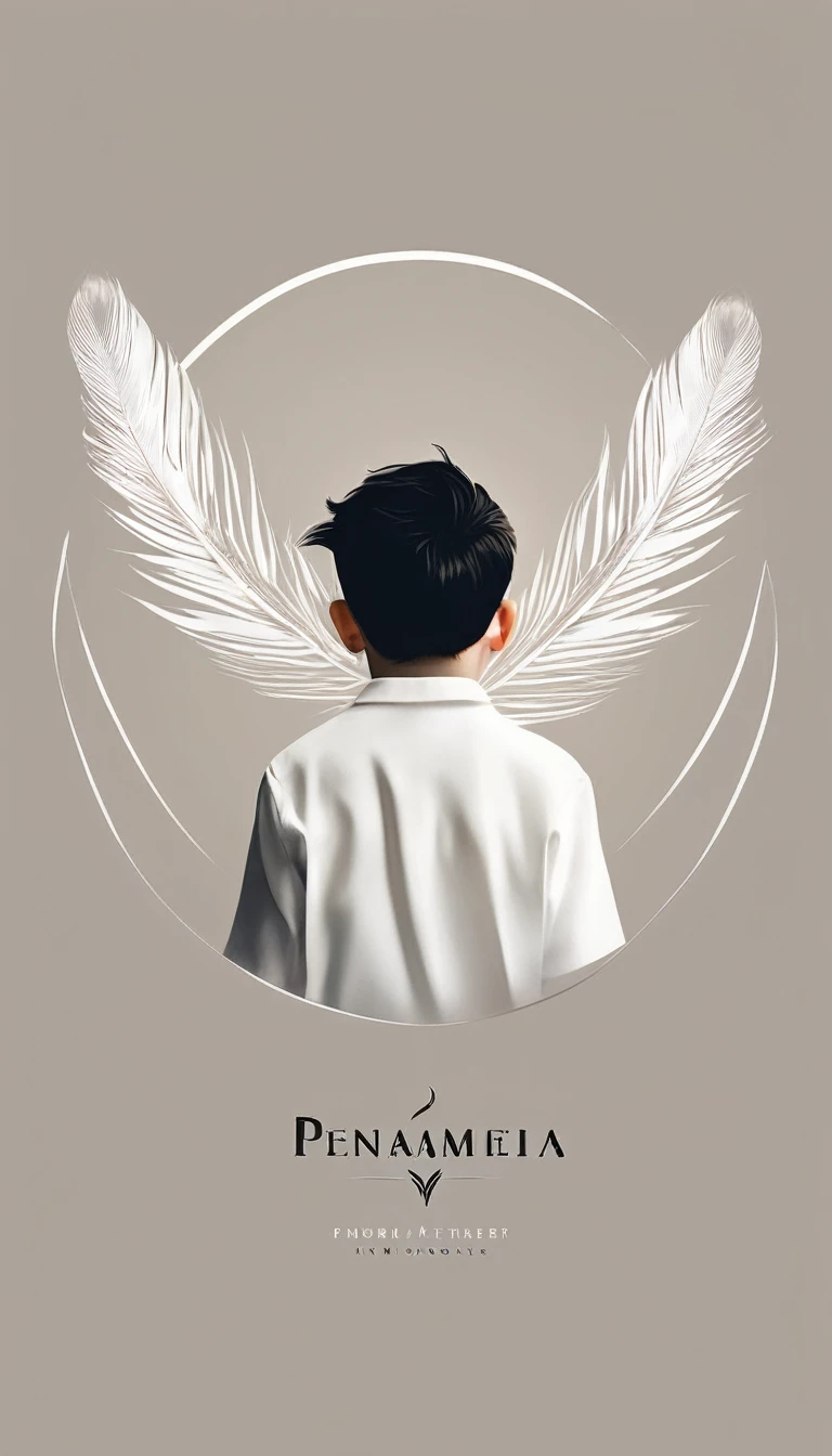 A minimalist, fantastic, poetic, dreamy, captivating, memorable, masterpiece, modern, simple logo design of a boy and a feather for the brand “Penamemoria". The logo must convey a sense of music, stories and dreams. Minimalistic logo design of a boy and a feather.
