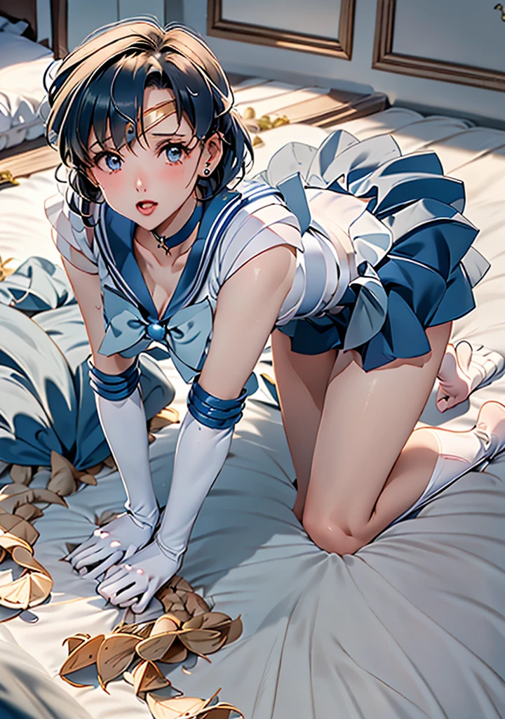 masterpiece, Highest quality, High resolution, Realistic, Show more1, tiara, Sailor Warrior Uniforms, Blue Skirt, Blue sailor collar, tiara, bow, Knee Boots, choker, White gloves, blue choker, elbow gloves, jewelry, Earrings, Pleated skirt, At the bed, Angle from below, ((spread pussy:1.1)), ((all fours and from behind:1.3)) 