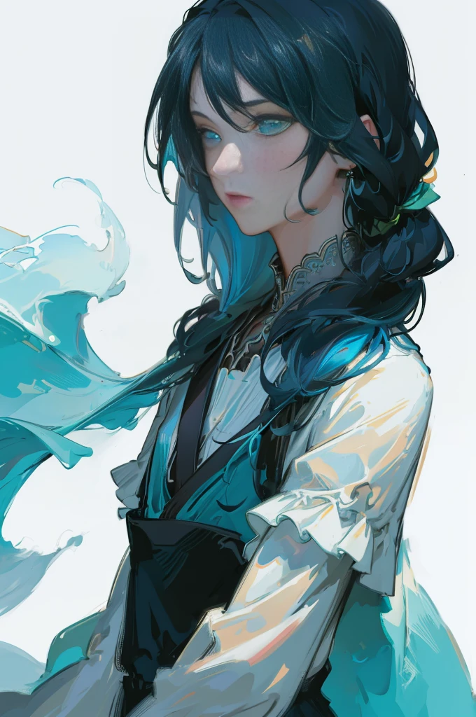 A boy with fair skin, nimble body, standing, shot from far away, teal straight hair that reaches the shoulders, light mist, business work attire, respirator mask, white background, neutral colored clothes, complicated details,(best quality,4k,8k,highres,masterpiece:1.2),ultra-detailed,(realistic,photorealistic,photo-realistic:1.37),studio lighting,vivid colors