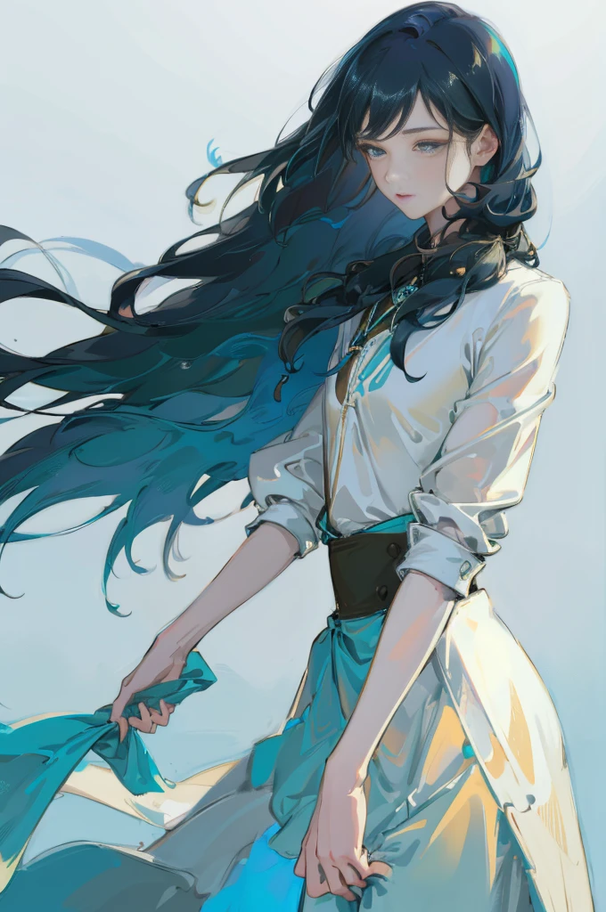 A boy with fair skin, nimble body, standing, shot from far away, teal straight hair that reaches the shoulders, light mist, business work attire, respirator mask, white background, neutral colored clothes, complicated details,(best quality,4k,8k,highres,masterpiece:1.2),ultra-detailed,(realistic,photorealistic,photo-realistic:1.37),studio lighting,vivid colors