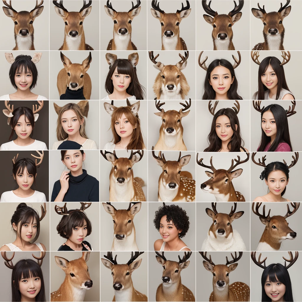 Masterpiece、Realistic deer、9 types、The screen is divided into 9 parts, and 9 different styles are displayed.々Draw a realistic smiling deer with a variety of facial expressionasterpiece、Only deer are depicted、Accurate drawing、Highest quality