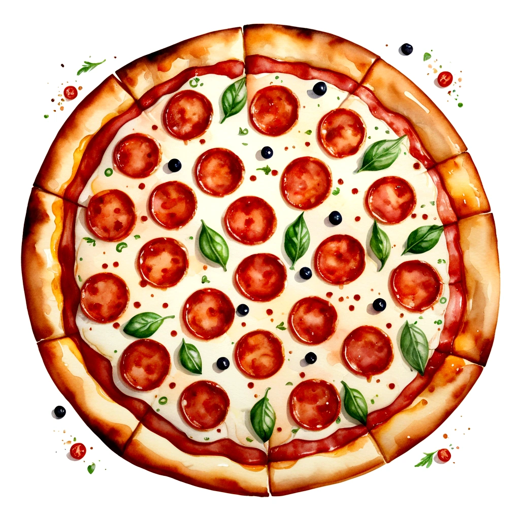 there is a huge extremely delicious meta lover pizza, illustration, isolated with solid white background, surrounded with negative space, centered compositon, 8k, highly detailed painting, very precise painting, Isolated, clear brilliant white background, perspective angle of view, realistic, watercolor