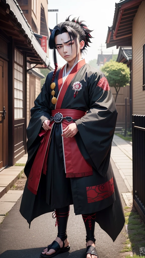 Kioguro rengoku from the anime kimetsu no yaiba how it would look in live action or real life, to show full body, At the bottom I leave you a photograph of his face