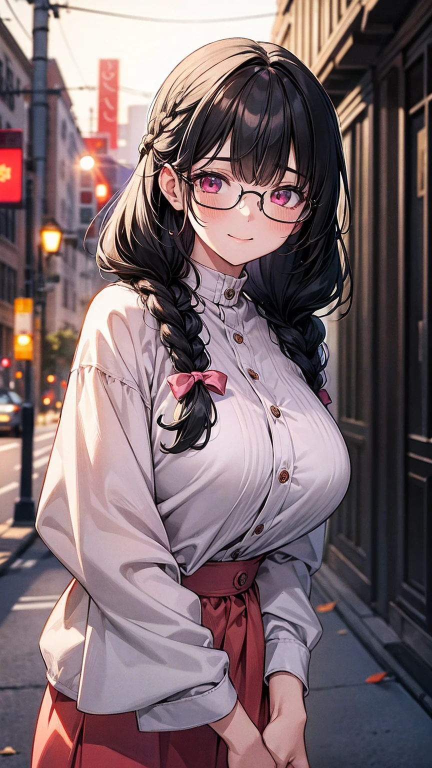 (high quality, High resolution, The finer details), Sidewalk, Side view, alone, girl, Braided Hair, , Sparkling eyes, (large round frame glasses), (Fine grain), big breasts, ((A kind smile)), blush, Sweat, Oily skin, (Focus plane), Shallow depth of field