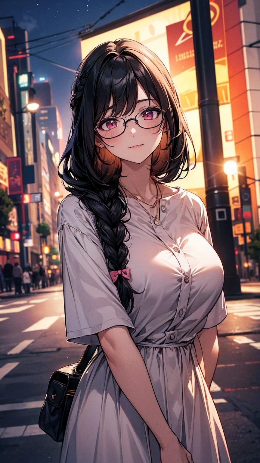 (best quality, Masterpiece), 1 girl, The sun shines, In the building, black hair, Beautiful long hair, braid, pink eyes, glasses, very cute, Bright face, Good mood, big breasts, Cute casual outfit, shy, 1 woman, young girl, (Goosebumps:0.7), Beautiful face, (shyไลเนอร์, lipstick:0.9), nighttime, street lights, fall, 4K, 8K, UHD, HDR, detailed background, background