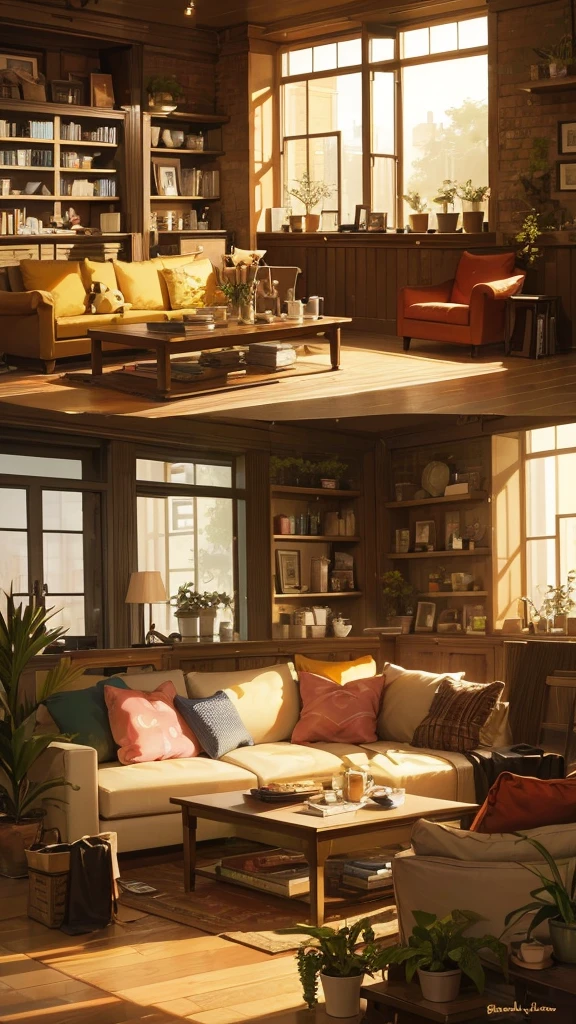 It looks like the image is of a cozy living room with soft lights and an inviting atmosphere. Based on the description and the visual style, here is an exact prompt you can use to generate similar art using AI:
"Create an illustration of a cozy living room with soft lighting. The room should have large windows showing a beautiful sunset or twilight sky, with string lights adding to the ambiance. Include a comfortable sofa with colorful cushions, a coffee table with some decorative items, and a bookshelf filled with plants and books. The overall mood should be warm and inviting, perfect for a relaxing evening."
Feel free to tweak the prompt based on any specific details you want to emphasize or adjust!