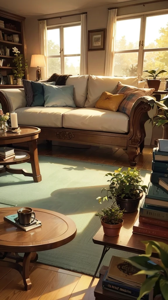 It looks like the image is of a cozy living room with soft lights and an inviting atmosphere. Based on the description and the visual style, here is an exact prompt you can use to generate similar art using AI:
"Create an illustration of a cozy living room with soft lighting. The room should have large windows showing a beautiful sunset or twilight sky, with string lights adding to the ambiance. Include a comfortable sofa with colorful cushions, a coffee table with some decorative items, and a bookshelf filled with plants and books. The overall mood should be warm and inviting, perfect for a relaxing evening."
Feel free to tweak the prompt based on any specific details you want to emphasize or adjust!